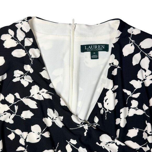 Lauren Ralph Lauren Knee Length Dress Sz.16 Black White Floral Ruching Preppy - Picture 4 of 16